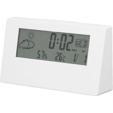 (Blanc)Réveil numérique, Horloge de Chevet Horloge électronique de Bureau avec lumière LCD Heure Date température humidité Affichage Fonction Snooze (1/5)