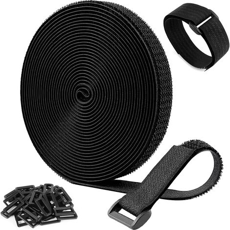 CSPARKV 5 m x 2 cm verstellbare Kabelbänder mit 20 Schnallen, Kabelbinder, Klettkabelbinder, wiederverwendbares Kabelmanagementband, leicht zu schneiden, zum Aufbewahren und Ordnen von Kabeln, schwarz (1/5)