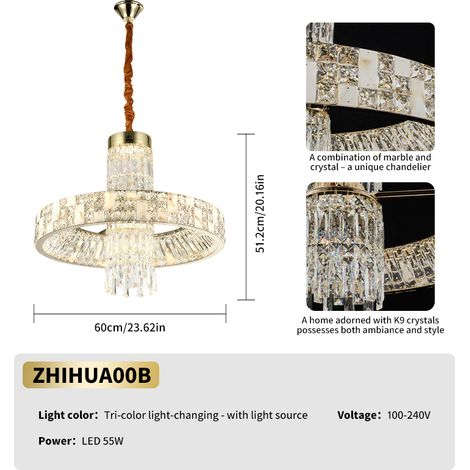 LED Kristall-Pendelleuchte Rund Ø 60 cm, Goldene Ring-Hängeleuchte, 3 Lichtfarben, Dimmbar, für Wohnzimmer und Esszimmer