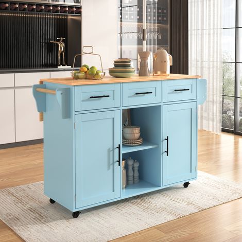 Mueble de Rango con 3 Cajones y Estantes Regulables, Tablero Abatible, Ruedas, para Cocina y Comedor, MDF, Azul, 139×46(71)×91,5 cm (1/5)