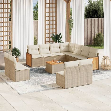 Ensemble modulaire de jardin 12 places en résine tressée beige avec coussins et table acacia (1/5)