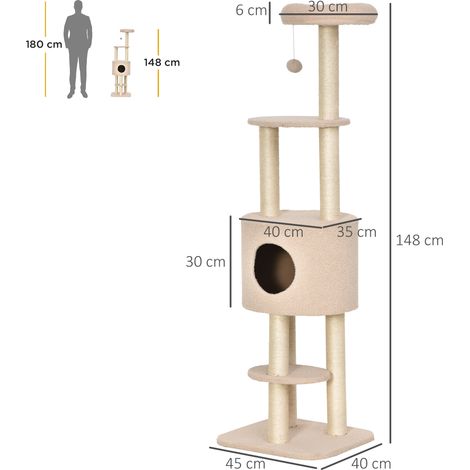 Arbre à chat robuste (5 niveaux, comprenant niche, cabane de jeu et corde en sisal), beige, poids maximum 30 kg (1/5)