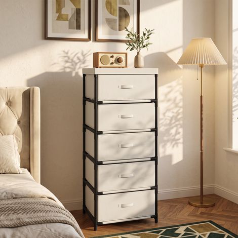 Commode à 5 tiroirs en tissu, structure en acier, beige, idéale pour le salon, le bureau ou le dressing. (1/5)