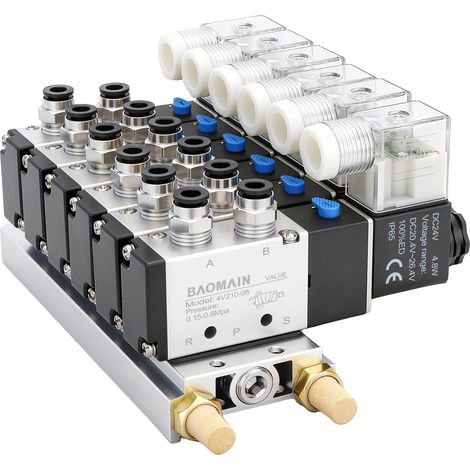Kit Électrovanne Pneumatique 4V210-08 DC 24V, Collecteur à 6 Stations avec Base, Silencieux et Raccords PT 1/4", Distributeur d'Air 5 Voies 2 Positions, Ensemble Complet pour Automatisation (1/5)