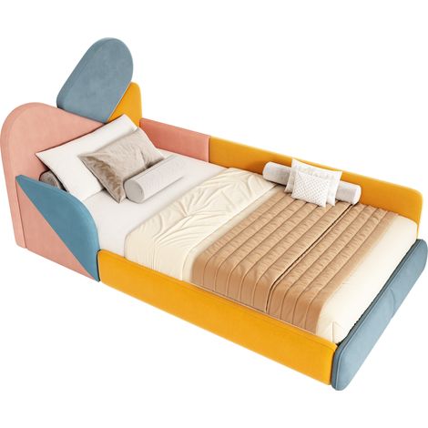 Kinder Einzelbett 90 x 200 cm aus Samt mit Hohen Gepolsterten Seiten, ohne Matratze, Blau Mehrfarbig (1/5)