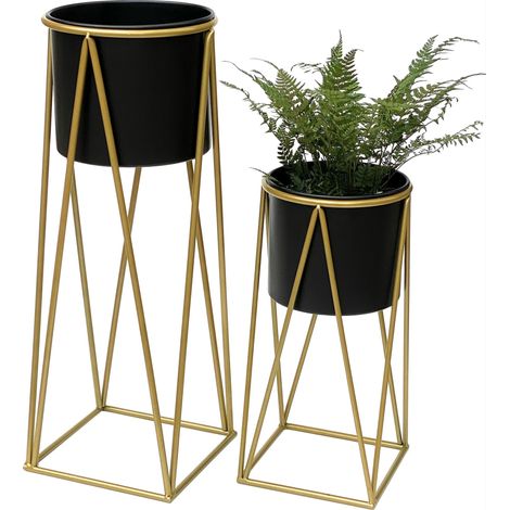 DanDiBo Tabouret de fleur avec pot Métal Or Noir Lot de 2 Tabourets de fleur 96046 Colonne de fleur Moderne Support de plante Tabouret de plante