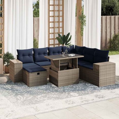 Salon de jardin 8 pièces en rotin PE gris avec coussins et table relevable - PANGIVO (1/5)