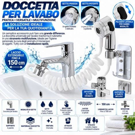 Doccetta per Lavandino a 2 Getti con Tubo 150cm Estensibile e Supporto a Parete (1/5)