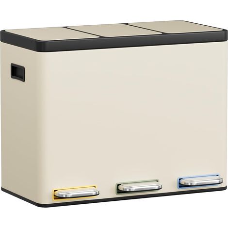 Mülltrennsystem 3×15L aus Stahl, Mülleimer 3 Fächer mit farbcodierten Pedalen, Abfalleimer mit Soft-Close-Deckeln und Inneneimern, Beige (1/5)
