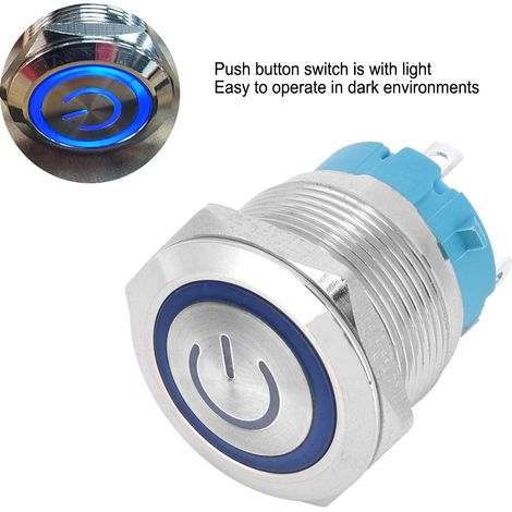Lot de 2 boutons poussoirs à tête plate en acier inoxydable 4 broches momentanés avec voyant bleu IP65 12-24V CC 22mm 1NO (1/5)