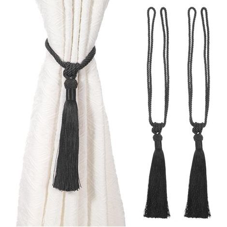 Lot de 2 embrasses de rideaux longues à pompons faites à la main en corde tressée avec nœuds de style européen pour décoration de fenêtre (Noir) (1/5)