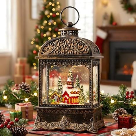 Lanterne à eau en forme de boule à neige de Noël de 25,9 cm avec calèche tirée par cheval, fonctionne avec piles ou USB, décoration de vacances musicale éclairée pour décoration de table pour la (1/5)