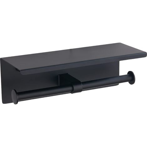 Portarrollos de papel higiénico de pared en acero inoxidable 304 con estante y doble columna (negro) (1/4)