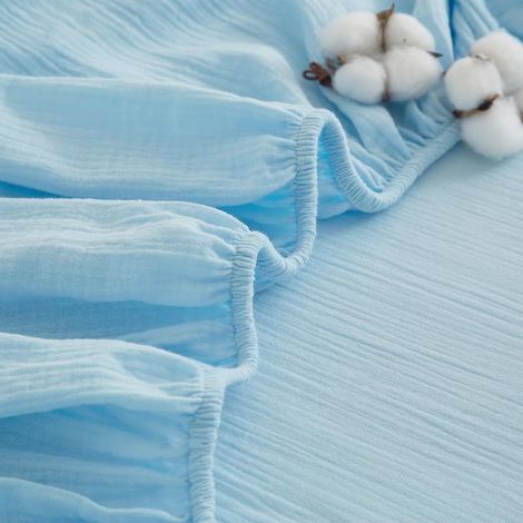 Coton Drap Housse 140x200cm Bleu Clair Bonnet 30cm Drap de lit Mousseline Drap Coton Respirant pour Matelas Épais Haut Tissu Anti-Acarien Hypoallergénique de Haute Qualité,Certifié Oeko-TEX (1/5)