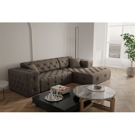 Ecksofa Designersofa CHANTAL in Stoff Opera Velvet Braun Ottomane Rechts (1/5)