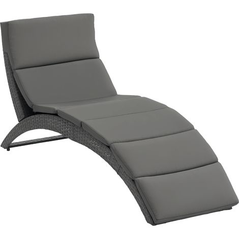 Outsunny Folding Sun Lounger, PE Rattan Garden Lounger Chair with Soft Padded Cushion, Ergonomic Curved Design Sun Bed for Balcony, Garden, Grey