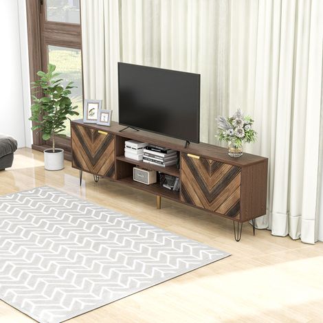 Armoire TV à deux portes en placage bois massif avec deux compartiments. Manches dorées et pieds en fer pour rangement salon.