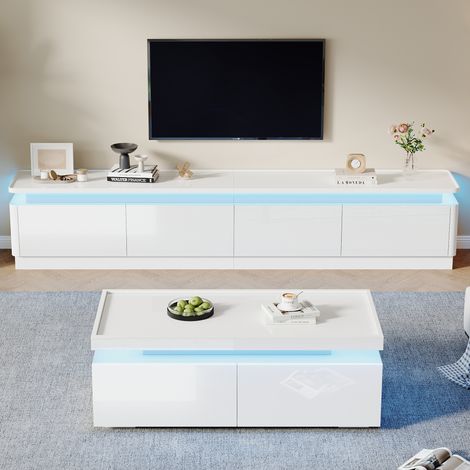 Ensemble Meuble TV et Table Basse Blanc Brillant avec LED pour TV 75 Pouces, 2 Pièces -PANGIVO (1/5)