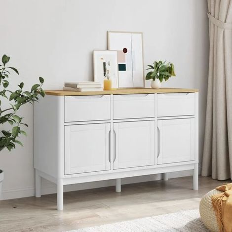 Buffet de Cuisine en Bois Massif Pin, Meuble Rangement 114x43x74 cm, Couleur Blanche, Style Moderne pour Salle à Manger et Salon (1/5)