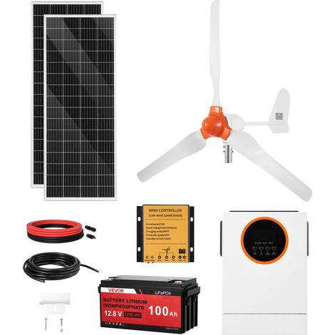 Kit hybride solaire et éolien 12V, 2 panneaux mono 100W, éolienne 400W, onduleur 1000W (1/5)