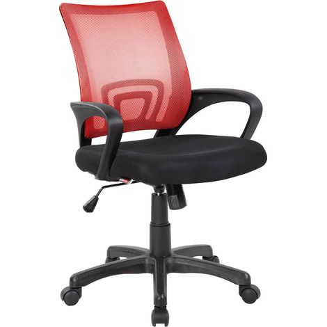 Sedia con ruote Reticolo, Sedia operativa a rete con braccioli, Seduta ergonomica da ufficio, 59x54h90/100 cm, Nero e Rosso