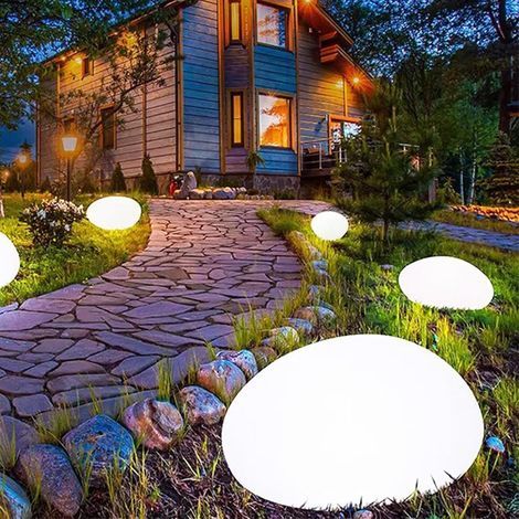 Lot de 2 lampes solaires en forme de galets – Étanche – Lumière blanche – Idéales pour décorer un jardin, une allée, un escalier, une pelouse, une terrasse ou une fête. (1/5)