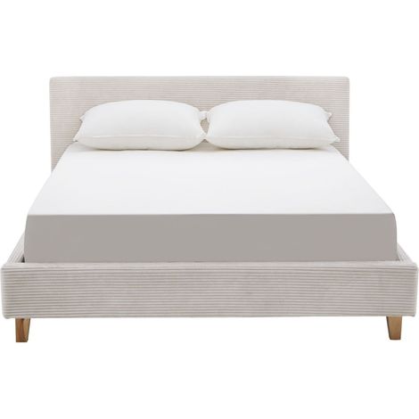 Lit adulte 140x190 cm avec tête de lit capitonnée en velours côtelé beige - Milo (1/5)