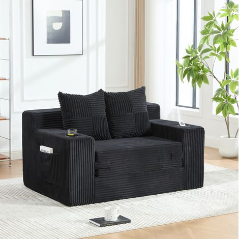Divano pouf 151x133x64 cm, 2 cuscini, tasche laterali, seduta ergonomica, velluto a coste smeraldo - nero (1/5)