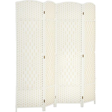 Paravent 4 panneaux pliable à motif tressé, cloison séparatrice en bois de pin, couleur blanche