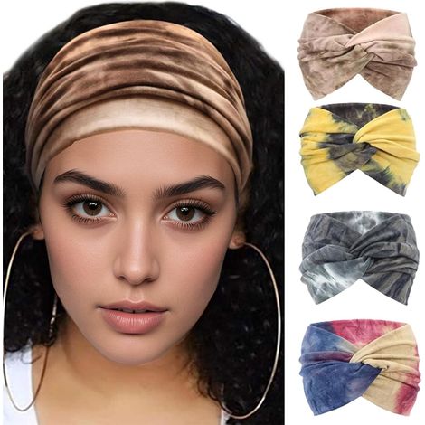 Set di 4 fasce per capelli da donna, elastiche, stile bohémien, adatte per sport, yoga, trucco, spa e come accessori moda. (1/5)