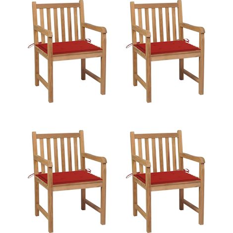 Gartenstühle 4 Stk. mit Roten Kissen Massivholz Teak