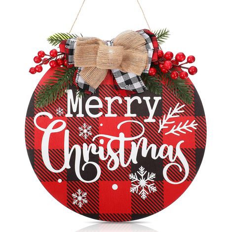 Fröhliche Weihnachten Wanddeko Rustikaler Holz-Kranz mit Schachbrettmuster C