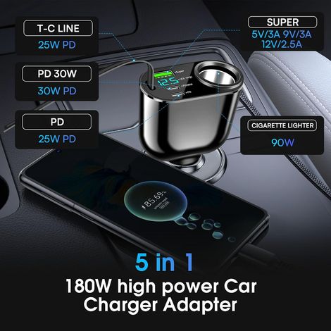 180-W-USB-C-Autoladegerät, USB-Typ-C-Autoladegerät, 90-W-Auto-Netzteil, einziehbares Kabel und 30-W-PD-Autoladegerät mit LED-Voltmeter. (1/3)