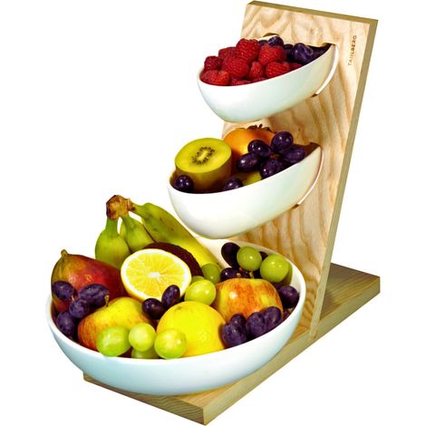 Présentoir à fruits 100 % fabriqué au Portugal – Corbeille à fruits en bois – Présentoir à fruits à 3 étages – Bol à fruits en céramique (1/5)