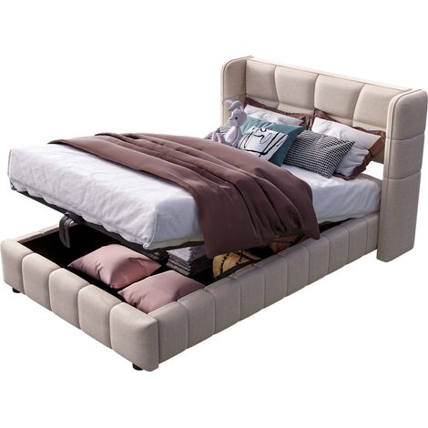 Kinderbett Einzelbett mit Stauraum, Gepolstertem Kopfteil 90 x 200 cm, Ohne Matratze, Beige (1/5)
