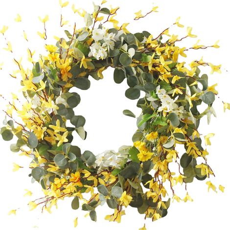Couronne de printemps artificielle pour porte d'entrée, couronne florale jaune pour décoration intérieure et extérieure, diamètre extérieur 50 cm (19,7 po) (1/5)