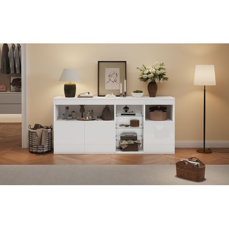 155,5 35 72 cm. Meuble de salon en laque brillant, avec fonction LED. Meubles de côté : 3 portes pour les meubles, 3 compartiments en verre. Meuble de cuisine. Meuble d’appoint pour le canapé. Blanc (1/5)