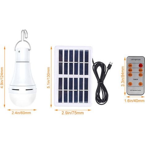 Ampoule LED à énergie solaire, lampe de secours intérieure et extérieure, portable, pour camping, avec télécommande, modes réglables et minuterie, IP65, étanche à la pluie (1/5)