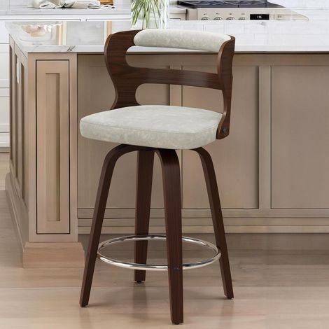 Barhocker 66cm mit Lehne und Armlehnen, 360° drehbar, Holz & Kunstleder, Beige (1/5)