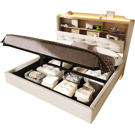 letto 140x200 cm con LED e contenitore idraulico, beige, lino, USB e Type-C - CHICFURN (1/5)