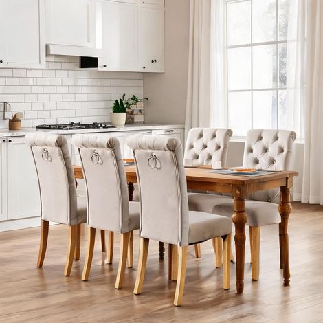 Lot de 6 chaises cabriolet en velours beige avec piètement chêne (1/5)