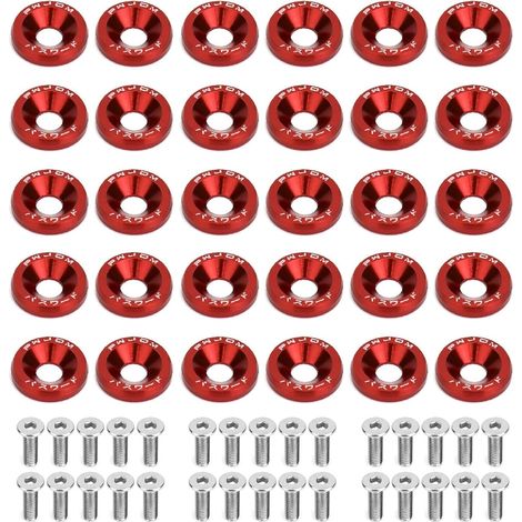 30 Paires M6 Rondelle Anodisé en Aluminium et Vis M620mm en Acier Inoxydable, Rondelle Aluminium Anodisé Carénage, Rondelle de Pare-chocs pour Pare-Chocs Garde-Boue de Voiture (Rouge) (1/5)