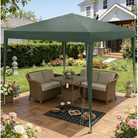 Pavillon pliant 3x3 m vert en tissu Oxford et métal avec hauteur réglable et protection UV (1/5)