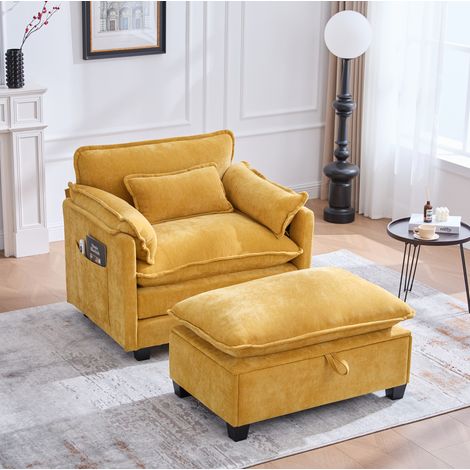 Fauteuil relax en chenille jaune avec pouf de rangement 103 x 85 x 91 cm (1/5)