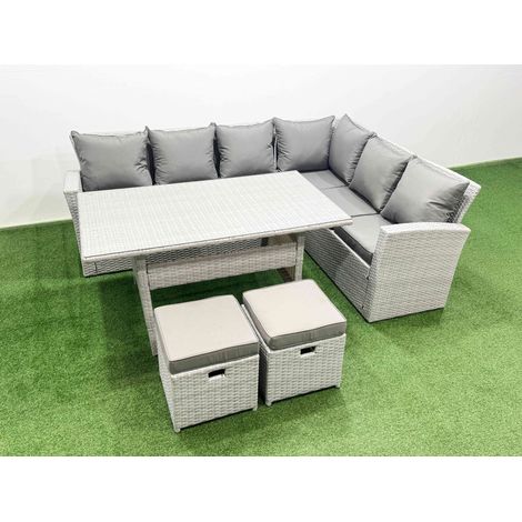 Fimous Rattan Garden Furniture Set Outdoor 8 Seater Patio Dining Corner Sofa Sets with Dining Table 2 Small Footstools Light Grey Mixed (1/4)