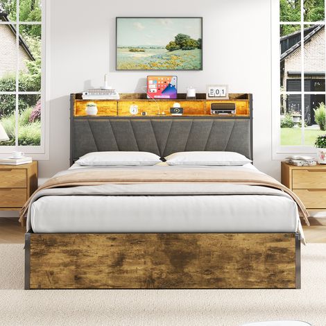 4ft6 Double Bed Frame with Hydraulic Storage,RGB LED Storage Headboard with Charging Station,USB and Type-C Ports,No Box Spring Needed,Easy Assembly,Black+Walnut