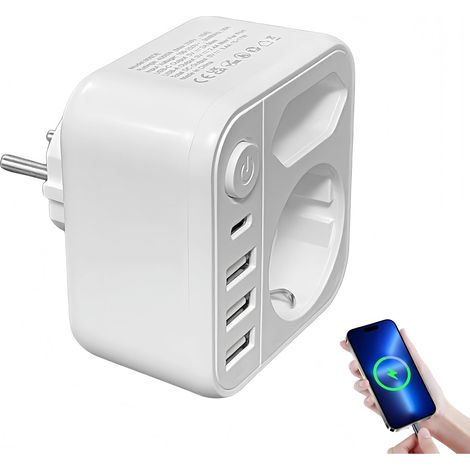 Multiprise 6 en 1 avec 4 Prises USB, 2 Prises (4000 W/16 A), Double Prise avec Interrupteur, pour la Maison, Le Bureau, Les Voyages, Adaptateur de Prise Compact (1/5)