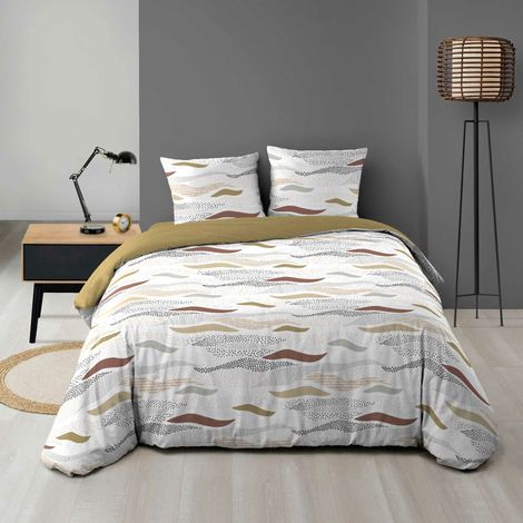 Parure de lit 240x220 cm + 2 taies – Microfibre imprimée ZENITH – Motif ondulé tons naturels (1/4)