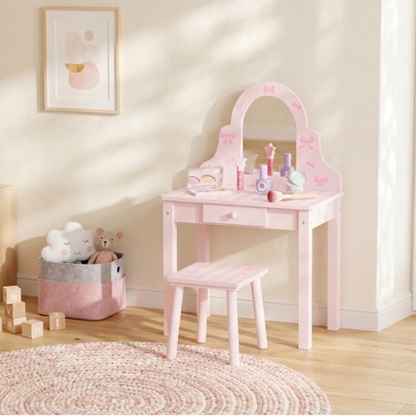 Coiffeuse enfant 2 en 1 avec miroir acrylique incassable amovible, tiroir de rangement et tabouret, transformable en bureau pour fille, rose et blanc – CHICFURN (1/5)
