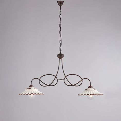 Lampadario in ferro laccato nero e decorazione effetto ruggine con diffusori in ceramica diametro 30 bianco e marrone 2 luci H.55 - MAX 115 - L. 98 X 30